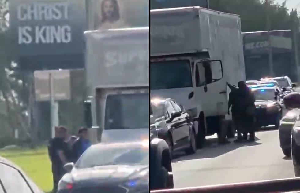 Operação do ICE em via pública em Pompano Beach, Flórida, com caminhão parado e agentes próximos