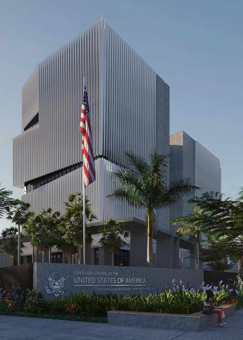 Ilustração de prédio de consulado-geral dos Estados Unidos, com bandeira americana e palmeiras na entrada