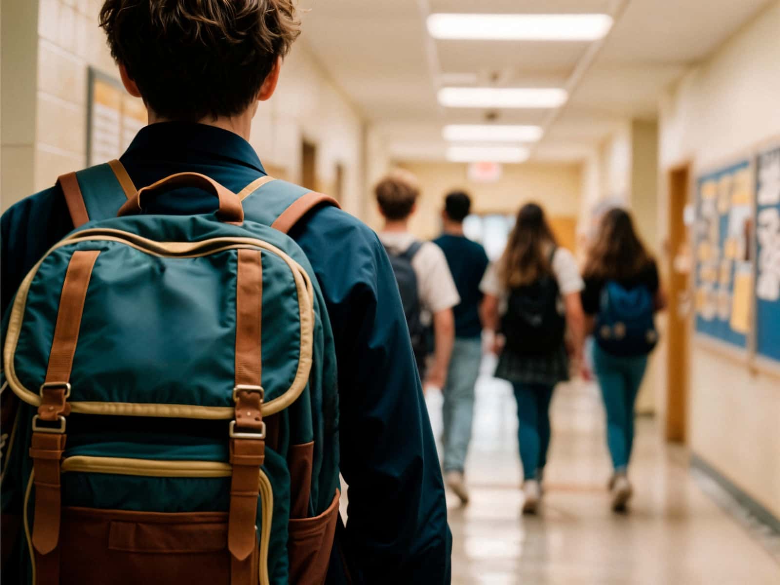 Estudante visto de costas, com mochila, caminhando por corredor de escola ao lado de colegas
