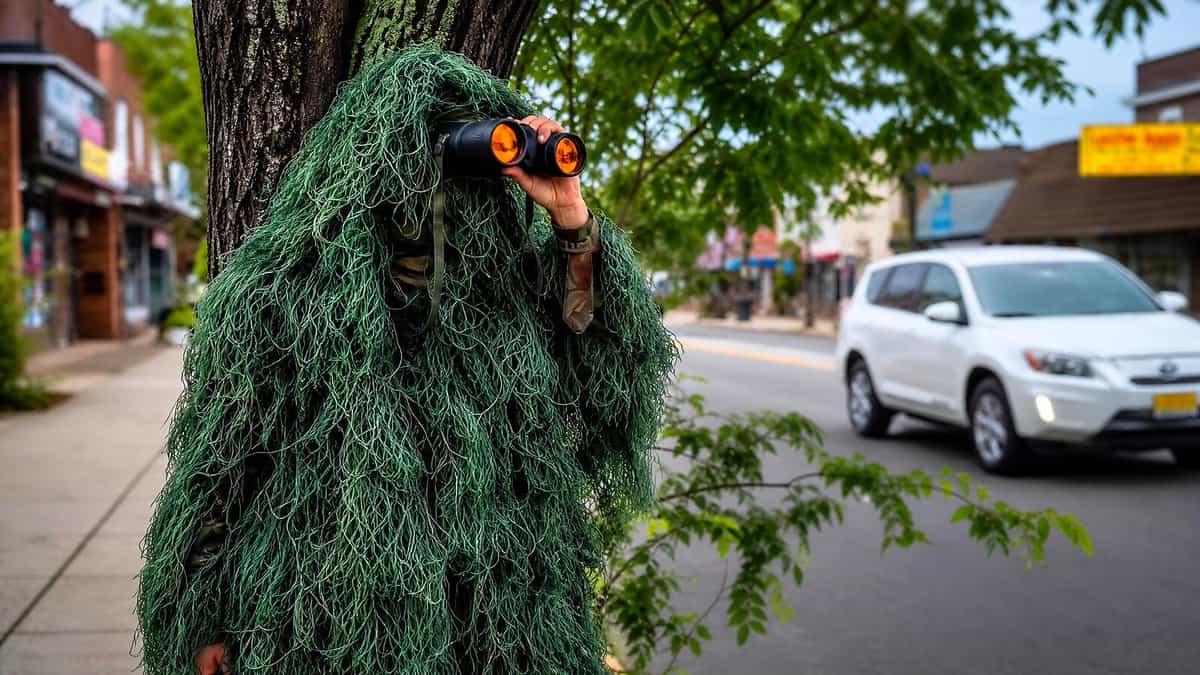 Pessoa coberta por traje de camuflagem verde felpudo, encostada em uma árvore na calçada, observando com binóculos um carro branco que passa pela rua