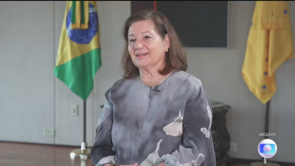 Mulher de cabelos castanhos na altura dos ombros e blusa cinza estampada, em sala oficial entre a bandeira do Brasil e um pavilhão amarelo