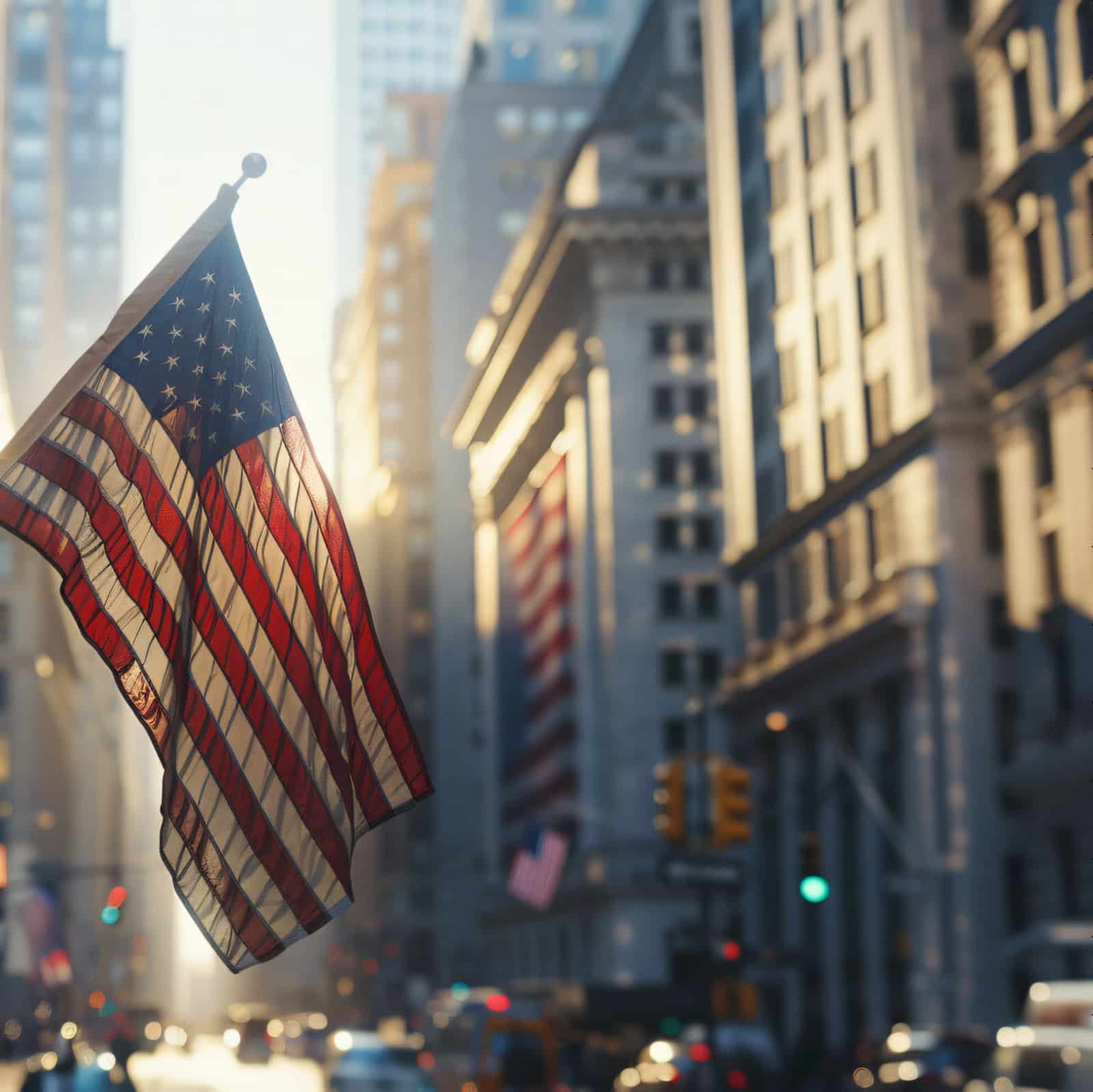 Bandeira dos Estados Unidos em rua de prédios de Nova York, com luz do sol ao fundo