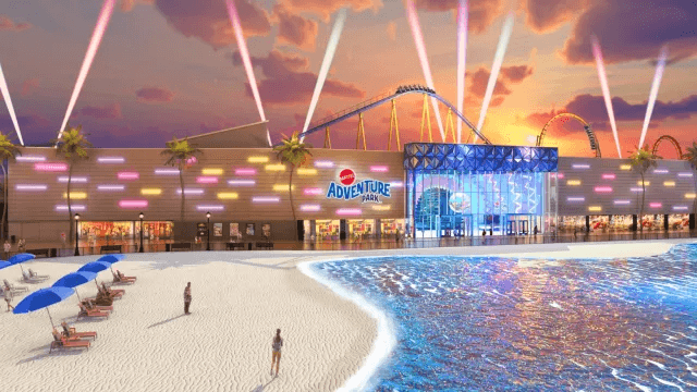 Ilustração de parque de diversões da Mattel com montanha-russa, praia e letreiro Mattel Adventure Park ao entardecer