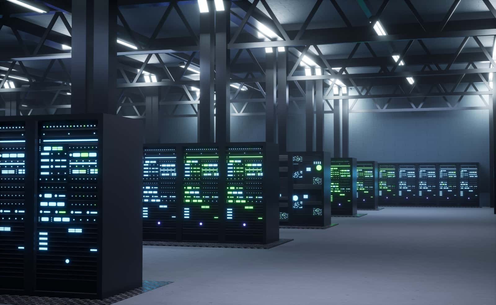 Corredor de um data center com fileiras de servidores iluminados