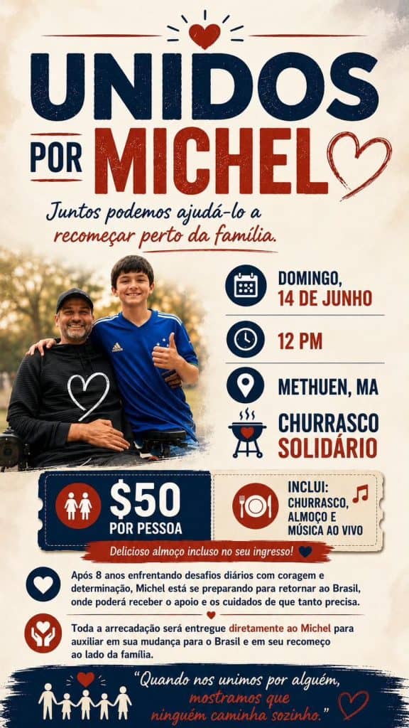 Arte do convite 'Unidos por Michel' para o churrasco solidário em Methuen, Massachusetts