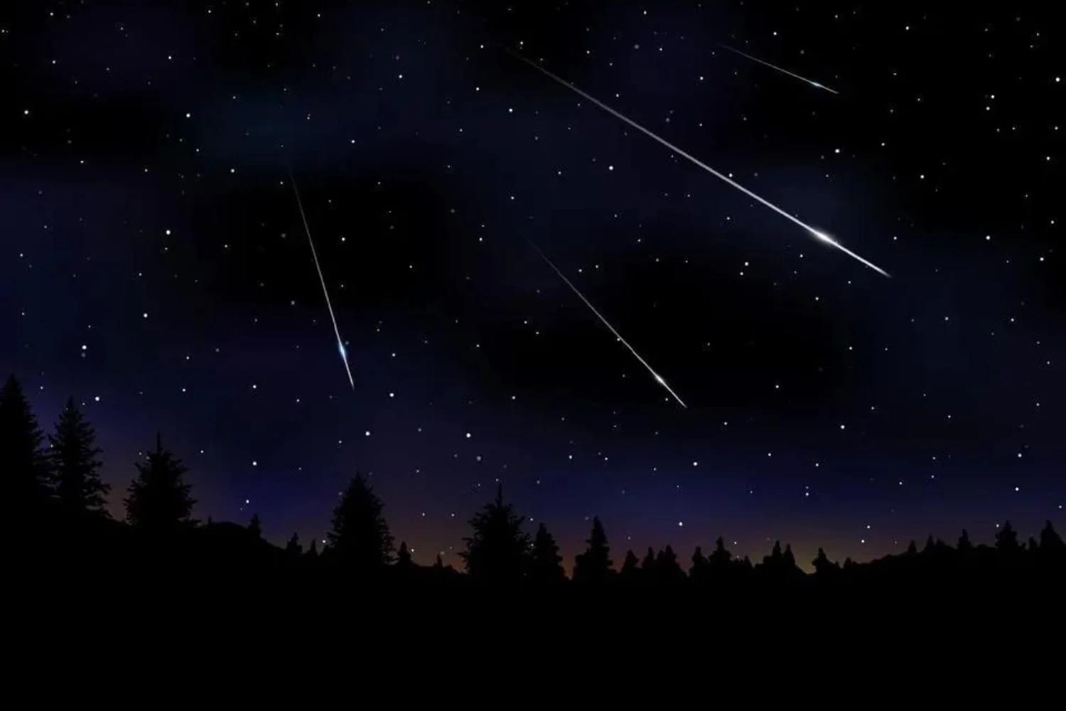 Céu noturno estrelado com quatro rastros luminosos de meteoros cruzando na diagonal, acima da silhueta escura de uma mata de pinheiros (imagem ilustrativa)