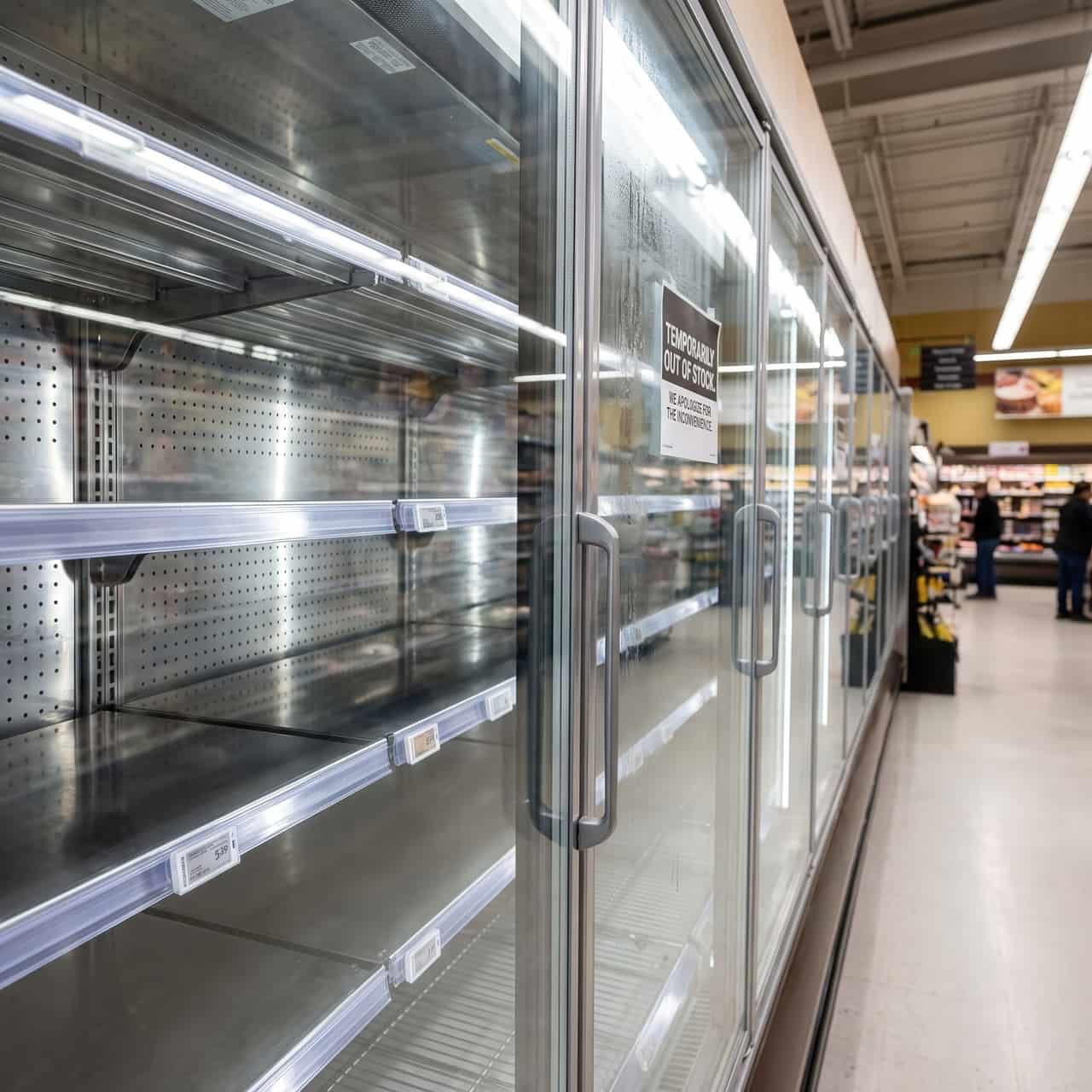 Corredor de supermercado com refrigeradores de portas de vidro e prateleiras vazias, com um cartaz de produto temporariamente em falta