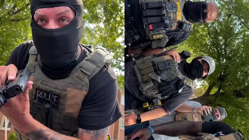 Montagem de dois quadros de vídeo: à esquerda, agente encapuzado com colete onde se lê POLICE segura uma pistola; à direita, agentes imobilizam um homem no chão