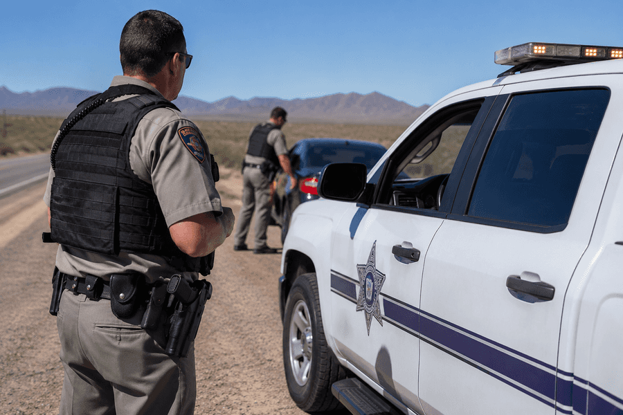 Policial rodoviário do Arizona ao lado de viatura com brasão de xerife, durante parada de carro em estrada no deserto