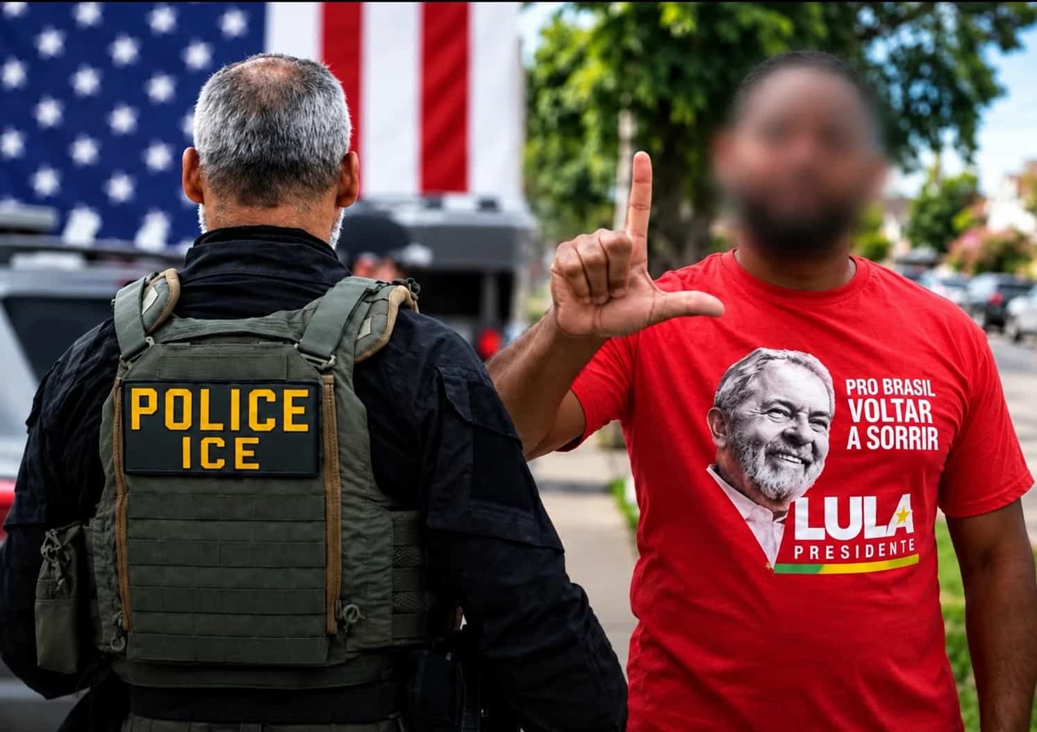 Agente do ICE de costas ao lado de um homem com camiseta vermelha de campanha do Lula