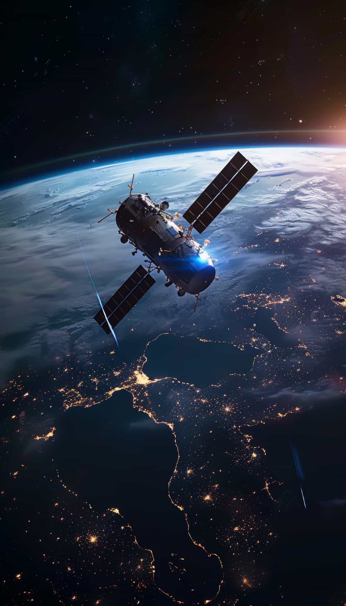 Satélite militar em órbita da Terra, vista noturna do planeta ao fundo