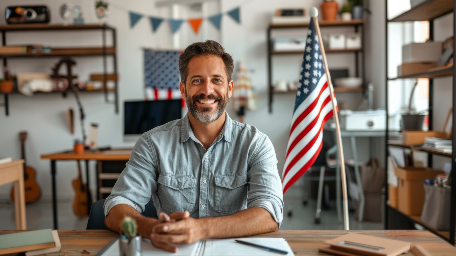 Homem de barba, de camisa azul-acinzentada, sorri sentado a uma mesa de escritório, com uma bandeira dos EUA ao lado