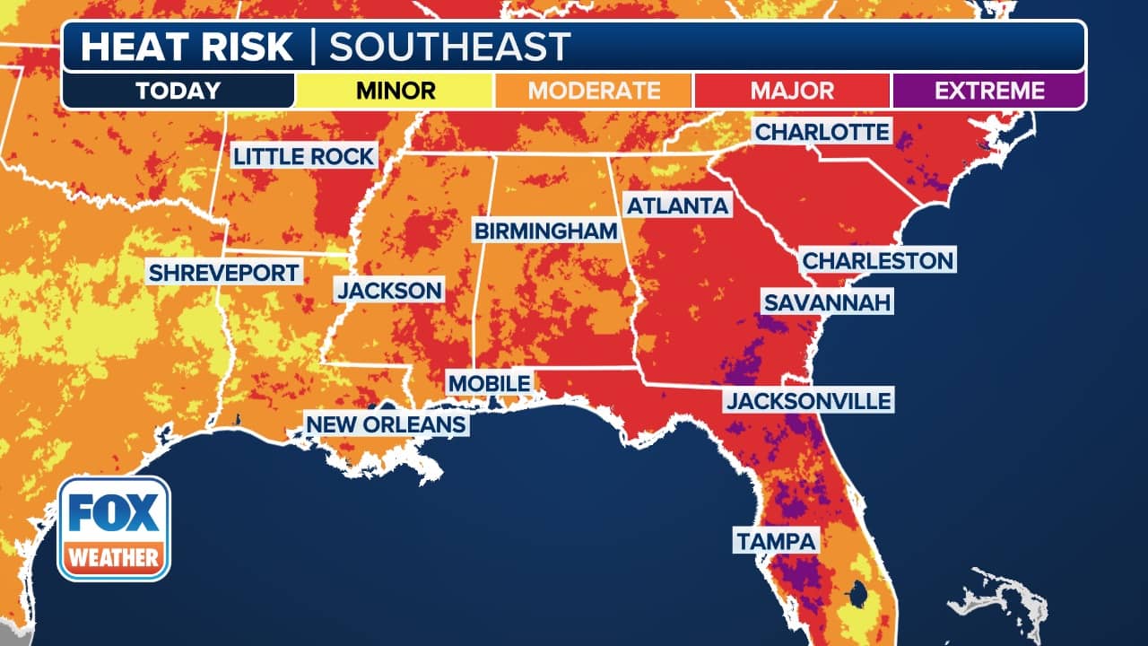 Mapa meteorológico do sudeste dos EUA com a escala HEAT RISK; grande parte da Flórida aparece em vermelho e roxo, indicando risco alto a extremo