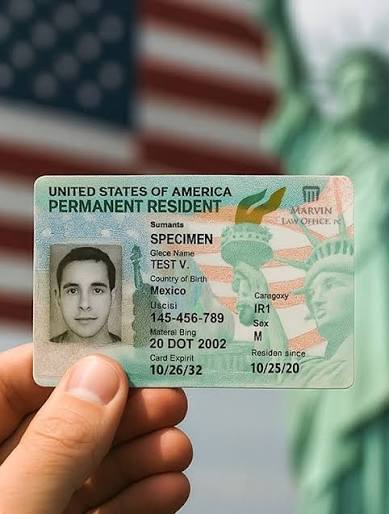 Mão segura um cartão de residente permanente dos EUA em versão de amostra (specimen), com a bandeira americana e a Estátua da Liberdade desfocadas ao fundo