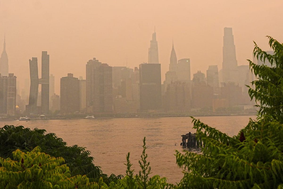 Arranha-céus de Manhattan encobertos por névoa alaranjada de fumaça, vistos do outro lado do East River, com árvores em primeiro plano