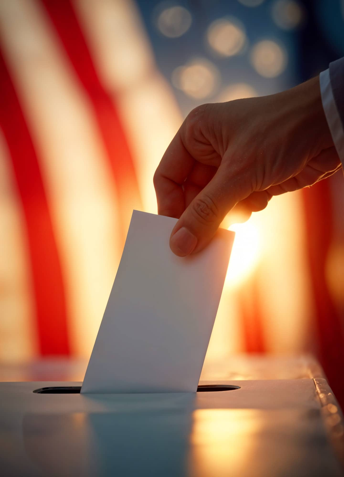 Mão depositando um envelope de votação numa urna, com bandeira americana ao fundo