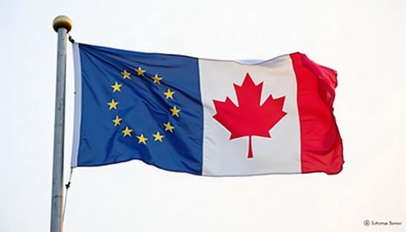 Bandeiras da União Europeia e do Canadá tremulando juntas no mesmo mastro