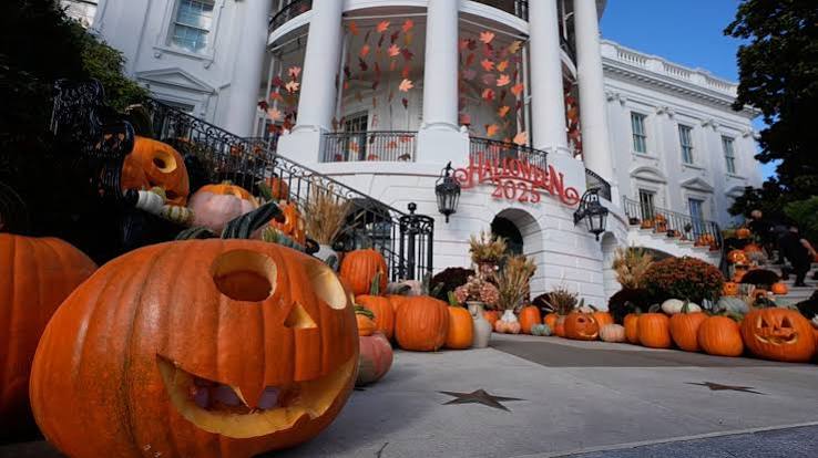 Abóboras entalhadas e decoração de Halloween na escadaria da Casa Branca, com a placa Halloween 2025