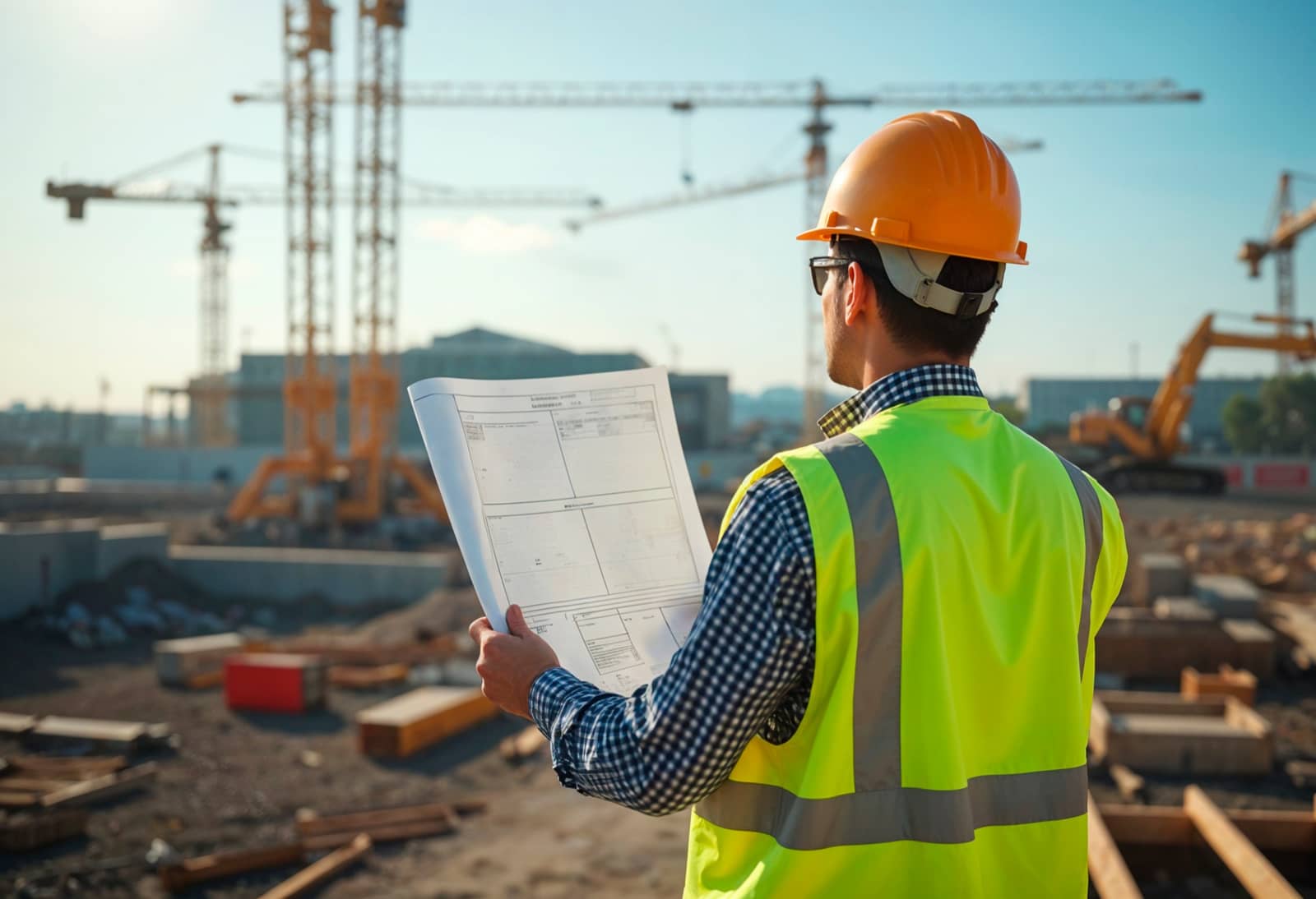 Trabalhador de capacete olhando planta de obra em canteiro de construção