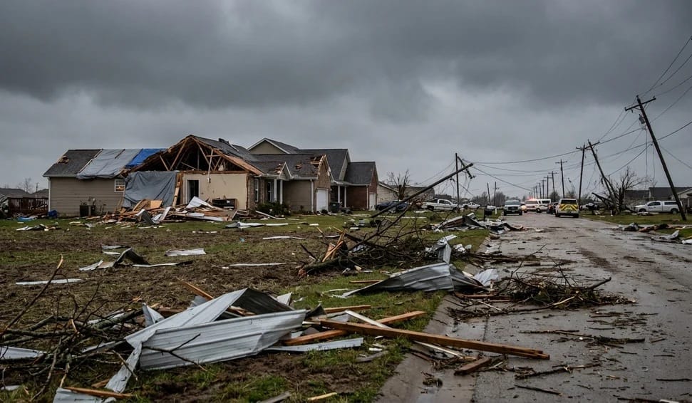 Rua tomada por destroços após a passagem de um tornado, com casas destelhadas, postes tombados e escombros espalhados pelo gramado sob céu cinzento