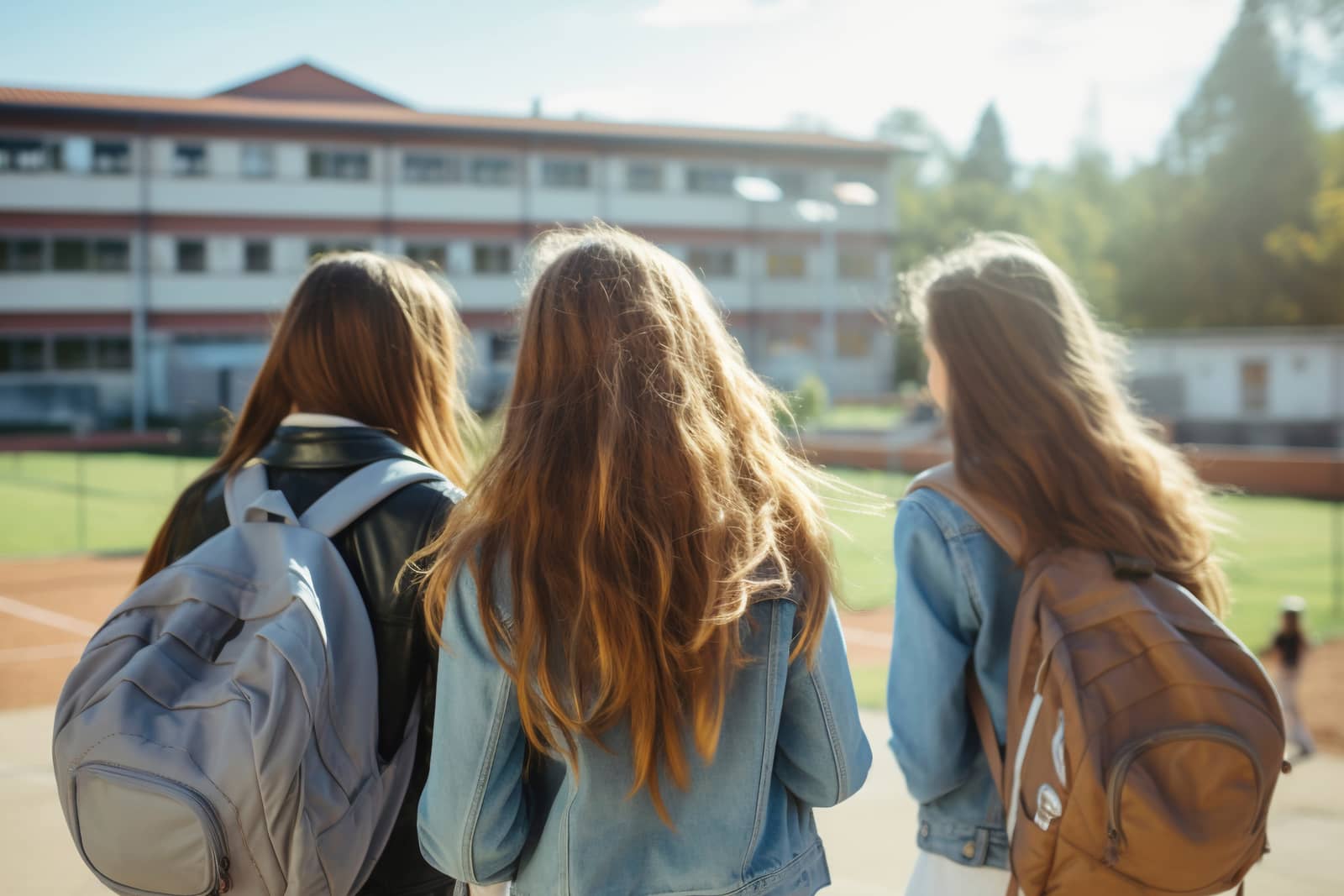 Três estudantes de costas, com mochila, caminhando em direção a um prédio de campus universitário