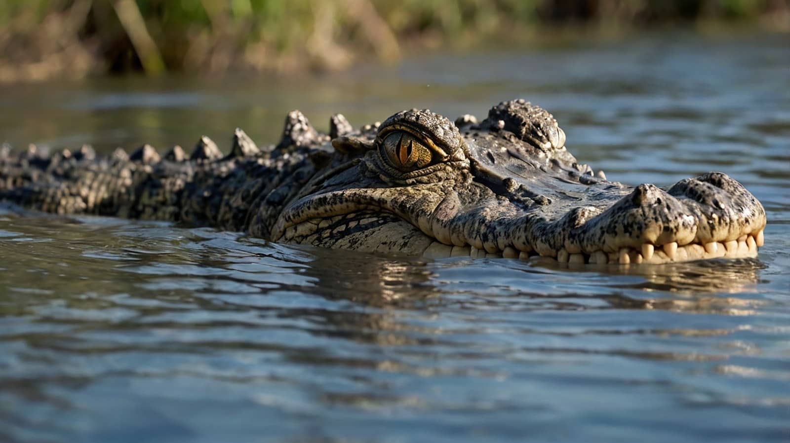 Cabeça de um jacaré com olho dourado e dentes à mostra, parcialmente submersa em água escura, com vegetação ao fundo