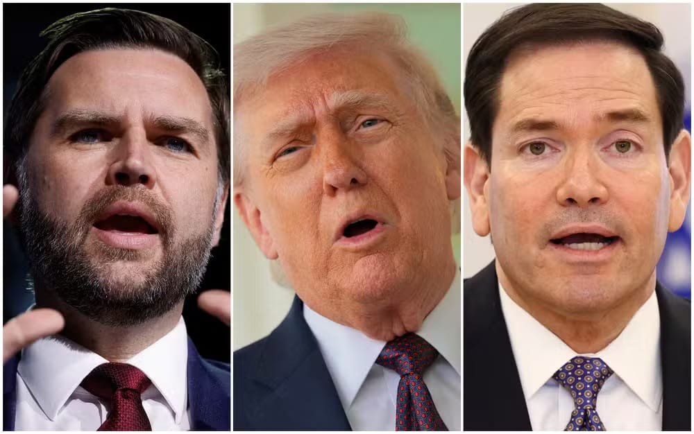 Montagem com três retratos lado a lado: JD Vance, Donald Trump e Marco Rubio, todos falando