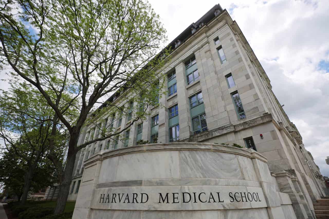 Fachada de pedra clara de um prédio da Harvard Medical School vista de baixo, com o nome da instituição gravado em um muro de mármore em primeiro plano