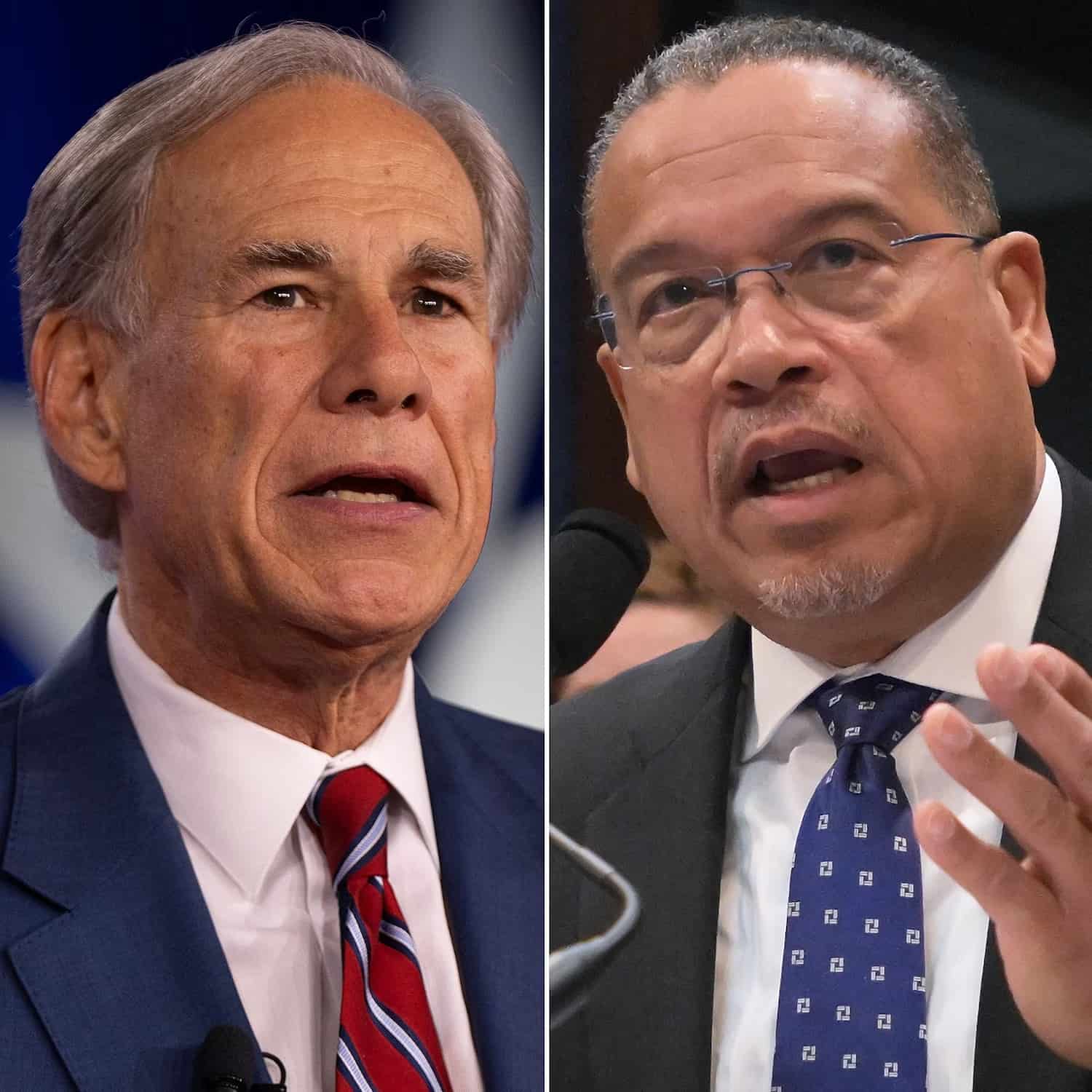 Montagem com dois homens de terno falando ao microfone: à esquerda, o governador do Texas, Greg Abbott; à direita, o procurador-geral de Minnesota, Keith Ellison
