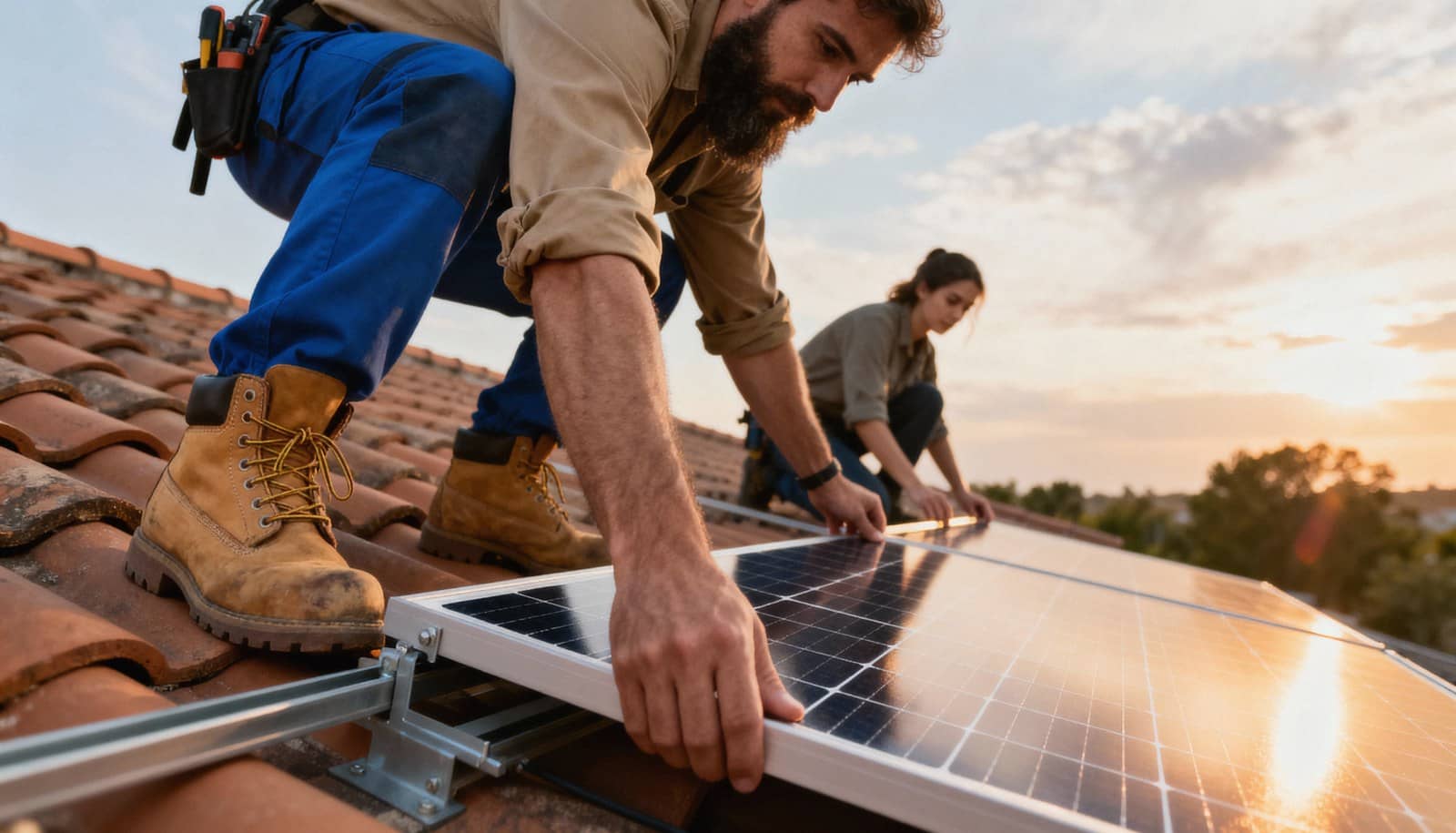 Dois trabalhadores instalam um painel solar em um telhado ao entardecer, um deles agachado e o outro segurando a estrutura
