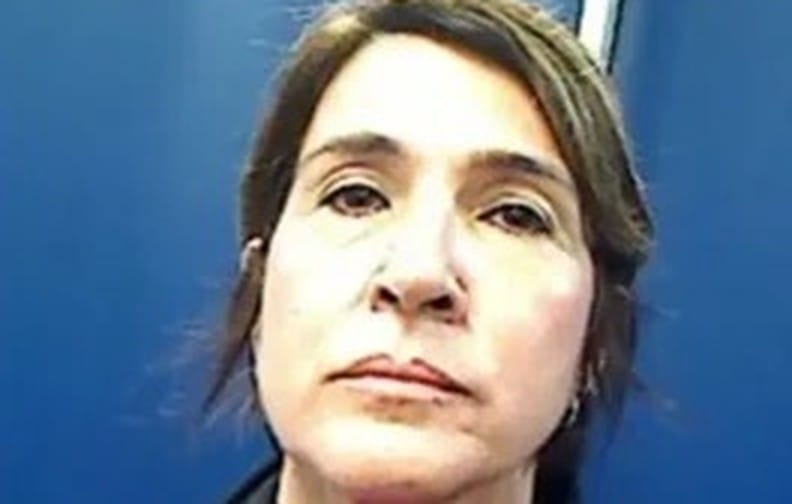 Retrato de identificação, em close, do rosto de uma mulher de cabelos castanhos diante de uma parede azul