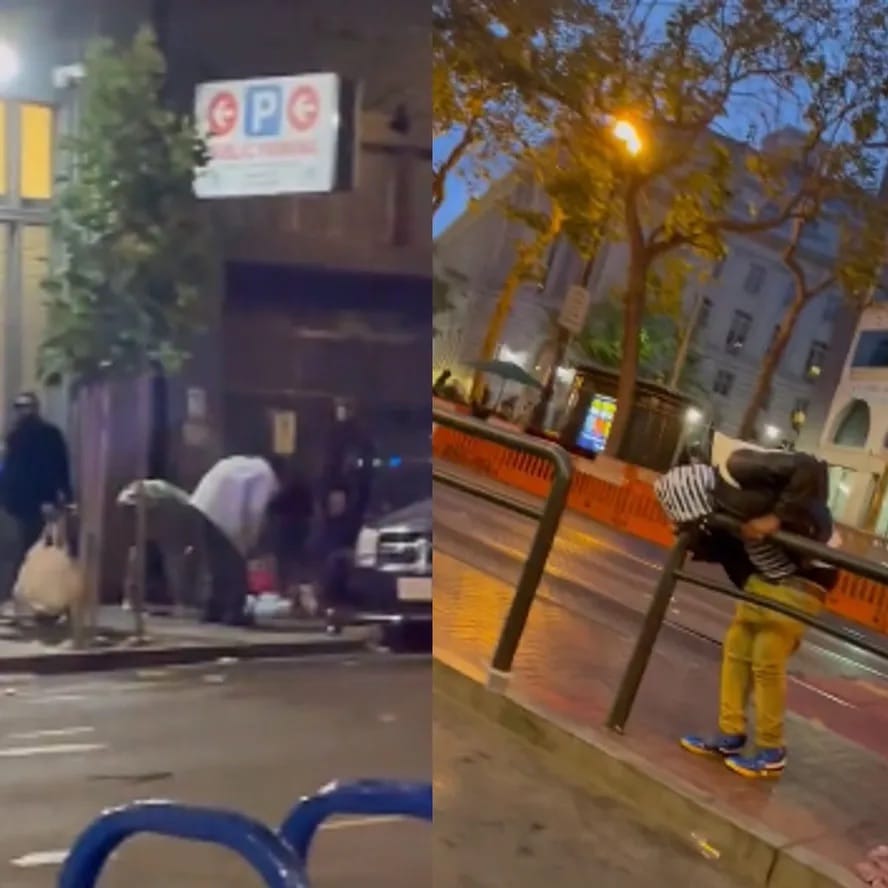 Duas cenas de rua de uma cidade ao anoitecer, com pessoas em pé junto a postes e fachadas, em imagens granuladas de vídeo