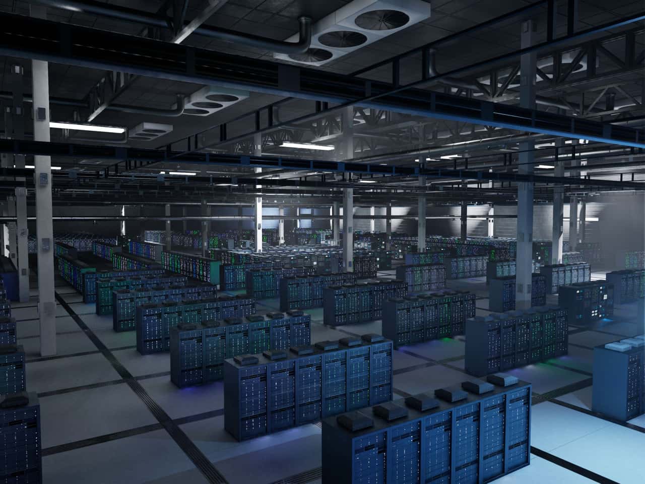 Corredor de servidores iluminados em um data center