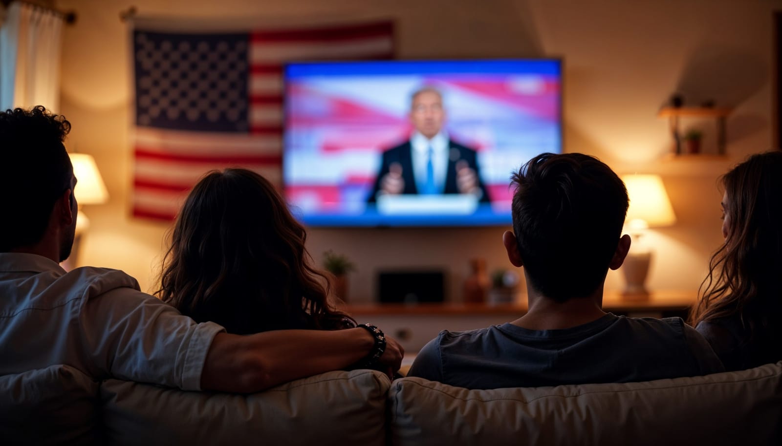 Família assistindo a um pronunciamento na TV, com bandeira dos Estados Unidos ao fundo