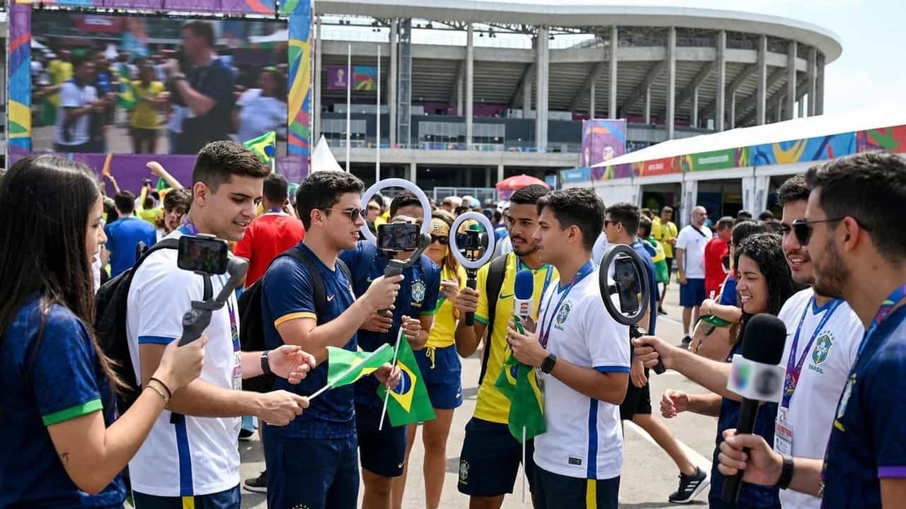 Criadores de conteúdo brasileiros gravam com celulares e microfones diante de um estádio