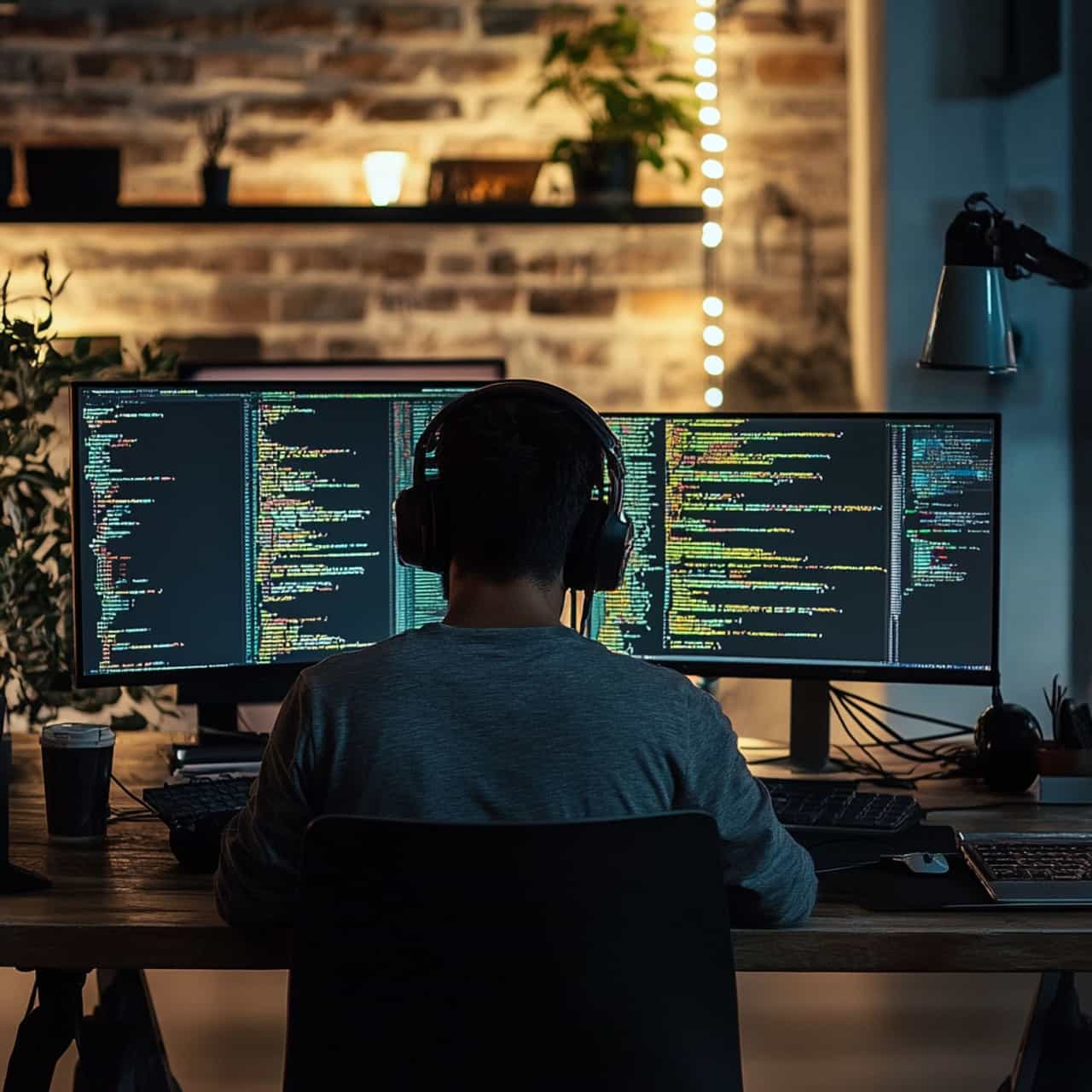 Programador visto de costas trabalhando em dois monitores com código à noite
