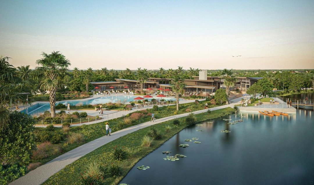Render da comunidade planejada Sunbridge com lago, área de piscina e construções baixas