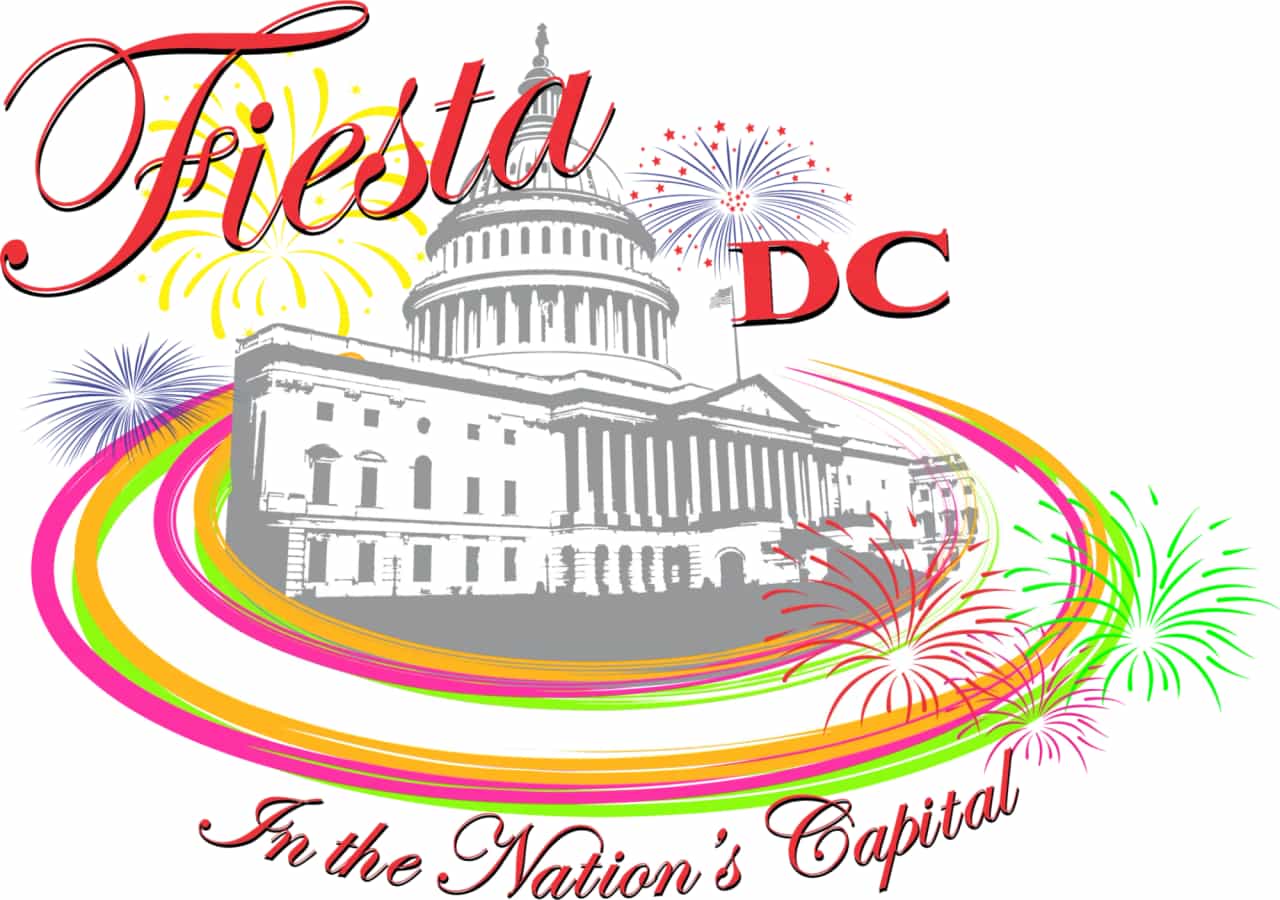 Logotipo oficial do festival Fiesta DC, com ilustração do Capitólio dos Estados Unidos e fogos de artifício coloridos
