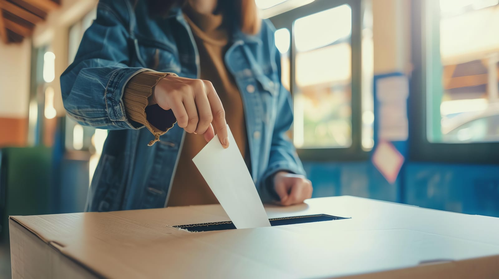 Mão depositando cédula de votação em urna de papelão