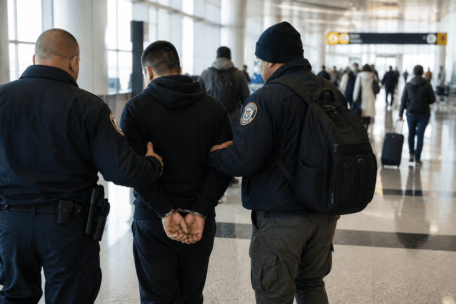 Dois agentes de uniforme escuro conduzem, pelos braços, um homem algemado por um saguão de aeroporto com passageiros ao fundo