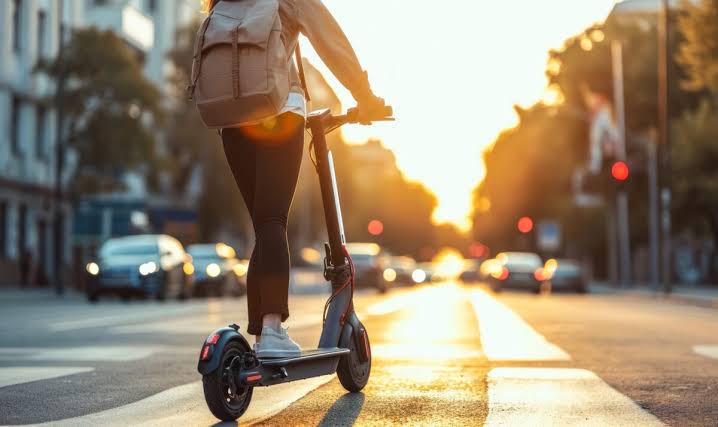 Pessoa com mochila conduz um patinete elétrico por uma avenida ao pôr do sol, com carros e semáforos desfocados ao fundo