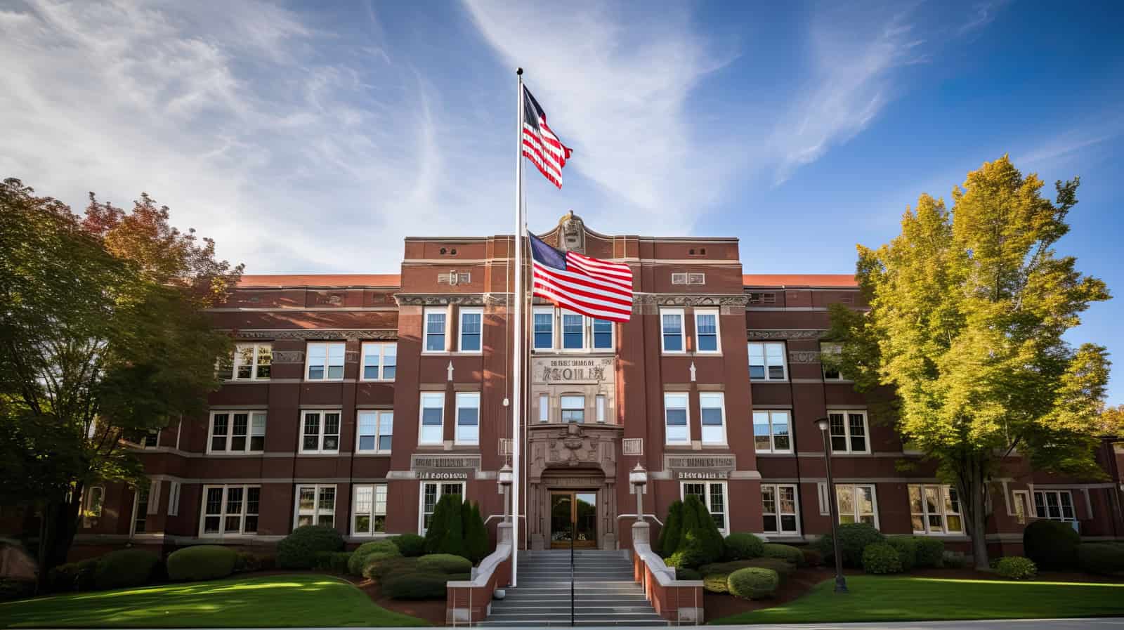 Fachada de prédio universitário americano com bandeira dos Estados Unidos hasteada