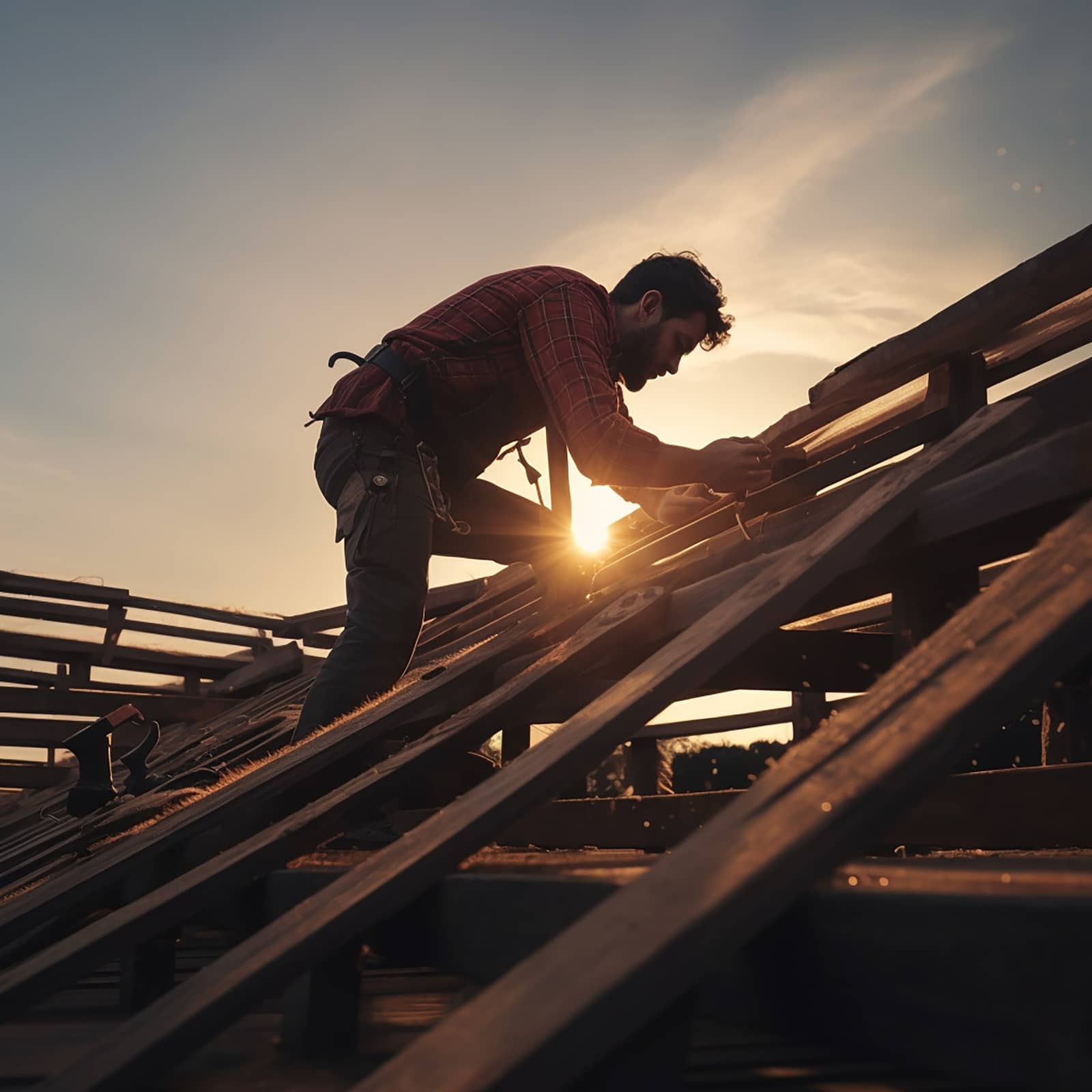Trabalhador da construção civil no telhado durante o entardecer