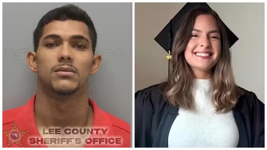 Montagem com duas fotos: à esquerda, a foto policial de um homem jovem de camisa vermelha com a identificação do Lee County Sheriff's Office; à direita, uma jovem sorrindo com beca e capelo de formatura