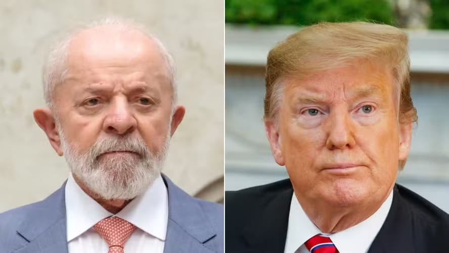 Montagem com os retratos do presidente Lula, à esquerda, de terno azul, e do presidente Donald Trump, à direita, de terno escuro e gravata listrada